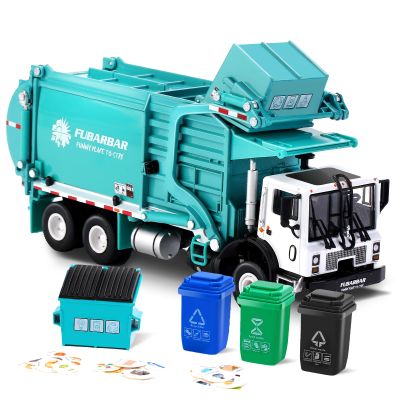 FUBARBAR Metal Garbage Truck Toy Model 1:43 Diecast Recycling Waste Transport Truck with Trash Bin, Pull Back Model Car Toy for Kids Boys (Blue)