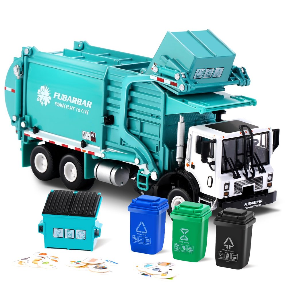 FUBARBAR Metal Garbage Truck Toy Model 1:43 Diecast Recycling Waste Transport Truck with Trash Bin, Pull Back Model Car Toy for Kids Boys (Blue)