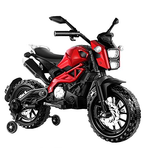 Electric Motorcycle for Kids, Ride on Motorcycle, Tamco 12V Electric Dirt Bike for 3~6 Years Boys Girls with Training Wheels Hand Racing Foot Brake PU seat (red)
