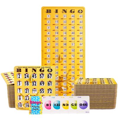 MR CHIPS Jam-Proof Bingo Cards with Sliding Windows, 50 Reusable Shutter Cards, 75 Calling Cards 1 Master Board in Gold Rush Style