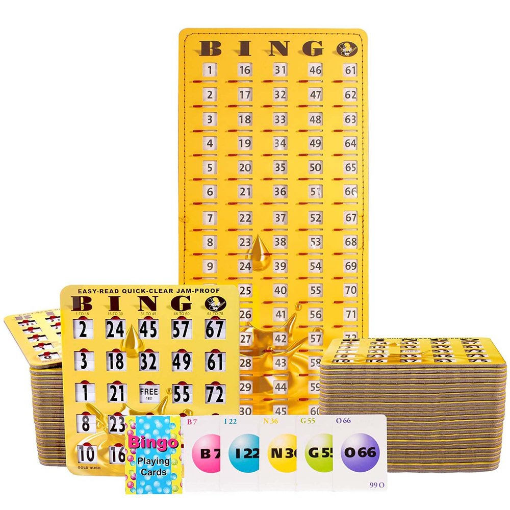 MR CHIPS Jam-Proof Bingo Cards with Sliding Windows, 50 Reusable Shutter Cards, 75 Calling Cards 1 Master Board in Gold Rush Style