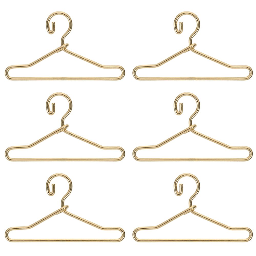 50Pcs Mini Clothes Hangers Metal Doll Clothes Dress Outfit Holders Wire Rack Stand for Miniature Dollhouse Gown Closets Toys Bedroom Accessories Golden 40mm