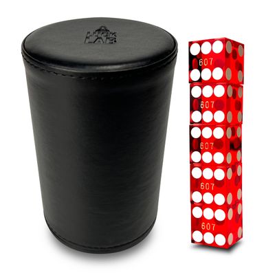 Luck Lab Black Leather Dice Stacking Cup with 5 Serialized Razor Edge 19 mm Casino Dice - Pro Straight Cup for Stacking and Magic Tricks (Red Dice)