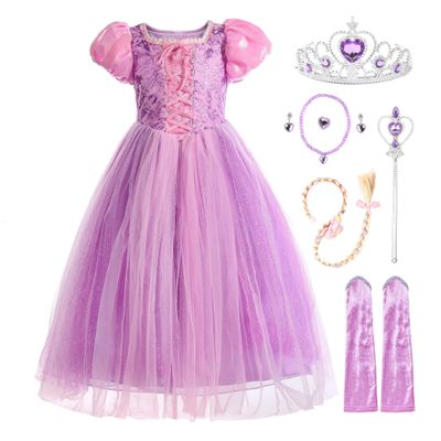 JerrisApparel Girl Princess Costume Tulle Pageant Birthday Party Dress Halloween Cosplay Dress up (Purple with Accessories, 7)