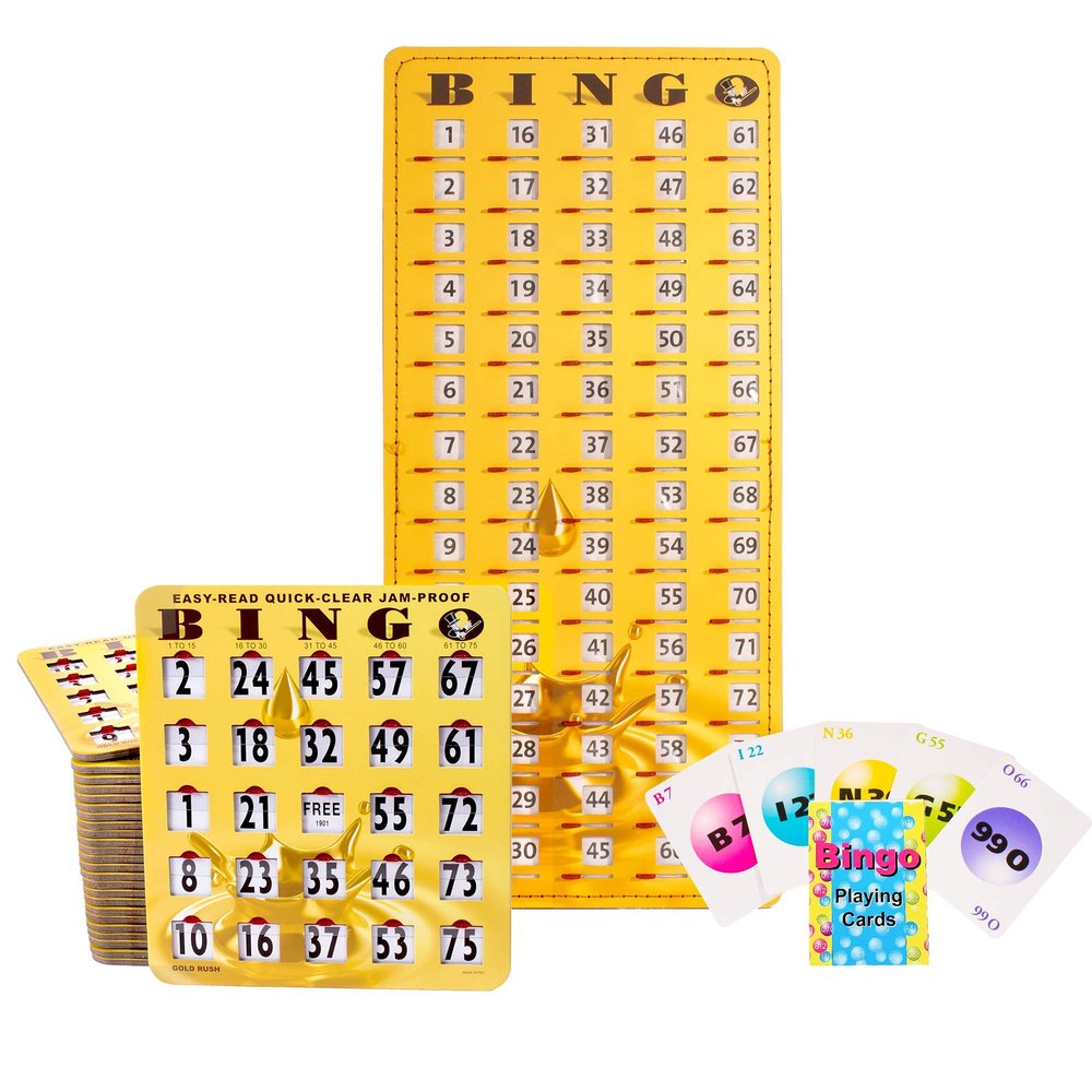 MR CHIPS Jam-Proof EZ Read Quick Clear Bingo Cards with Sliding Windows, 10 Cards, 75 Calling Cards 1 Master Board