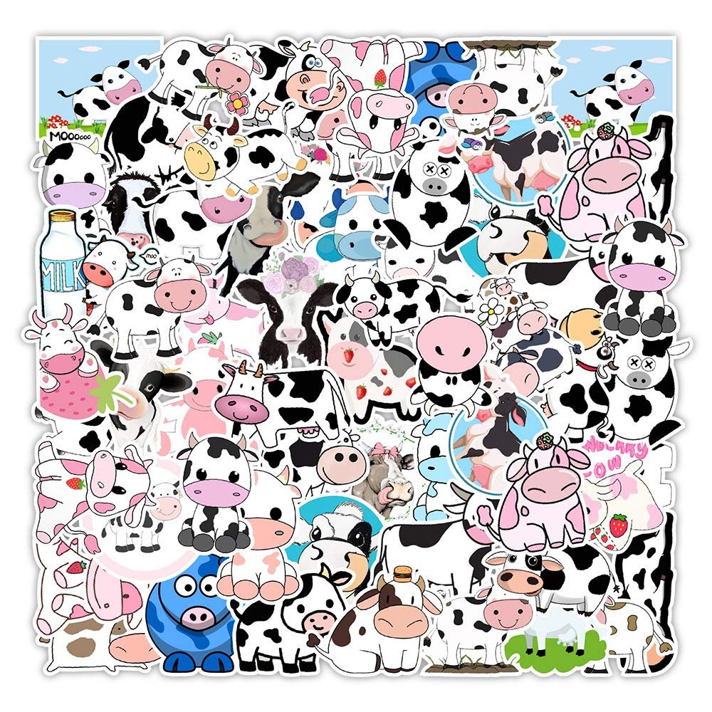 50 Pcs Cow Stickers for Decoration, Cute Waterproof Kawaii Vinyl Cow Print Stickers for Kids,Computer Stickers Farm Cow Decor Decals for Hydroflask,Luggage, Album, Scrapbook