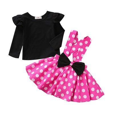 Atoy Baby Girls Skirts Set Ruffle Cloth +Polka Dot Overall Dress Bow Polka Dot Skirt Set (Pink Long, 2-3 T, 2_years)