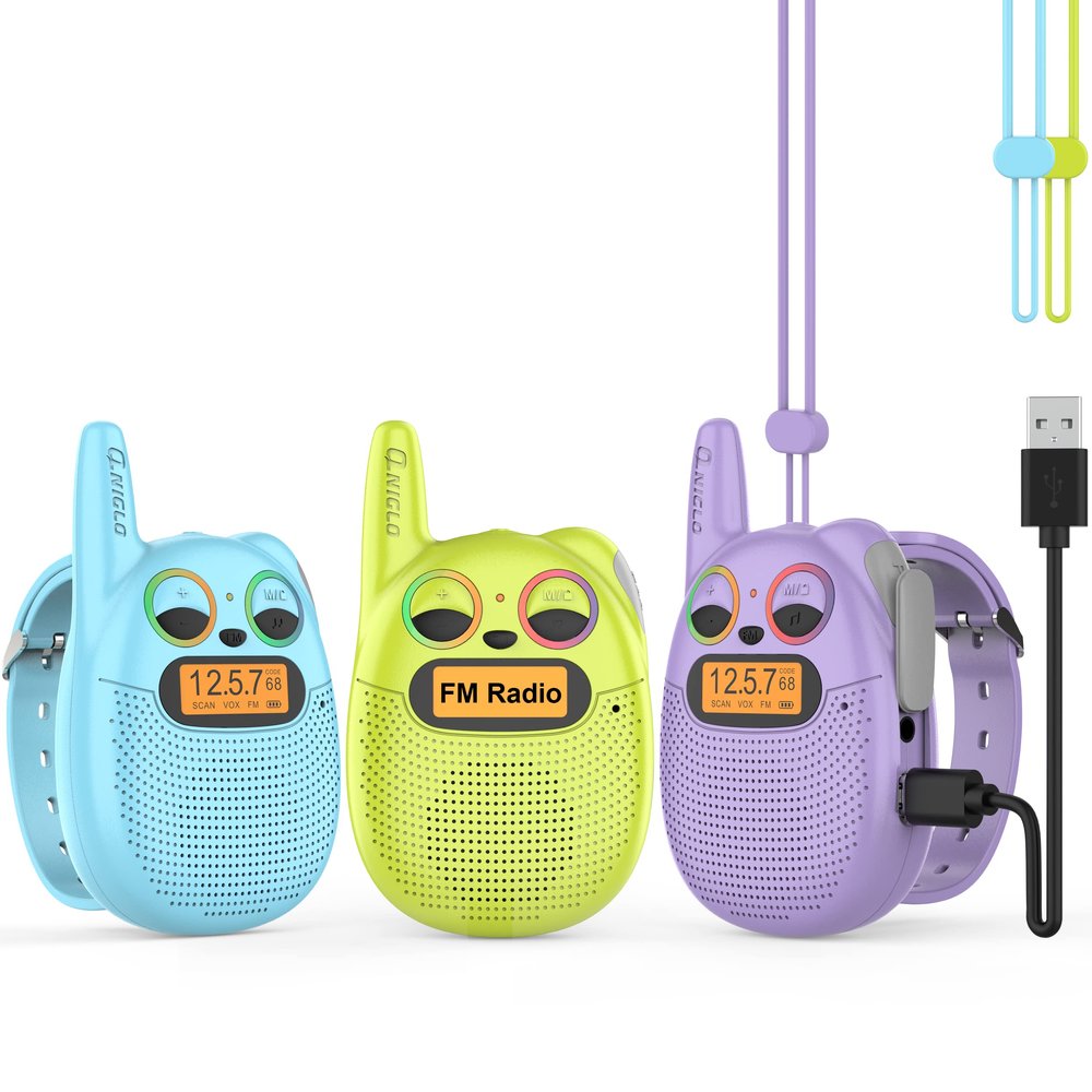 Qniglo Kids Walkie Talkies Rechargeable, Gifts for 3-12 Year Old Girls Boys, Walkie Talkies for Kids with FM Radio, Adventure Camping Games, Best Chritmas Birthday Toys Gifts for Kid, 3 Pack