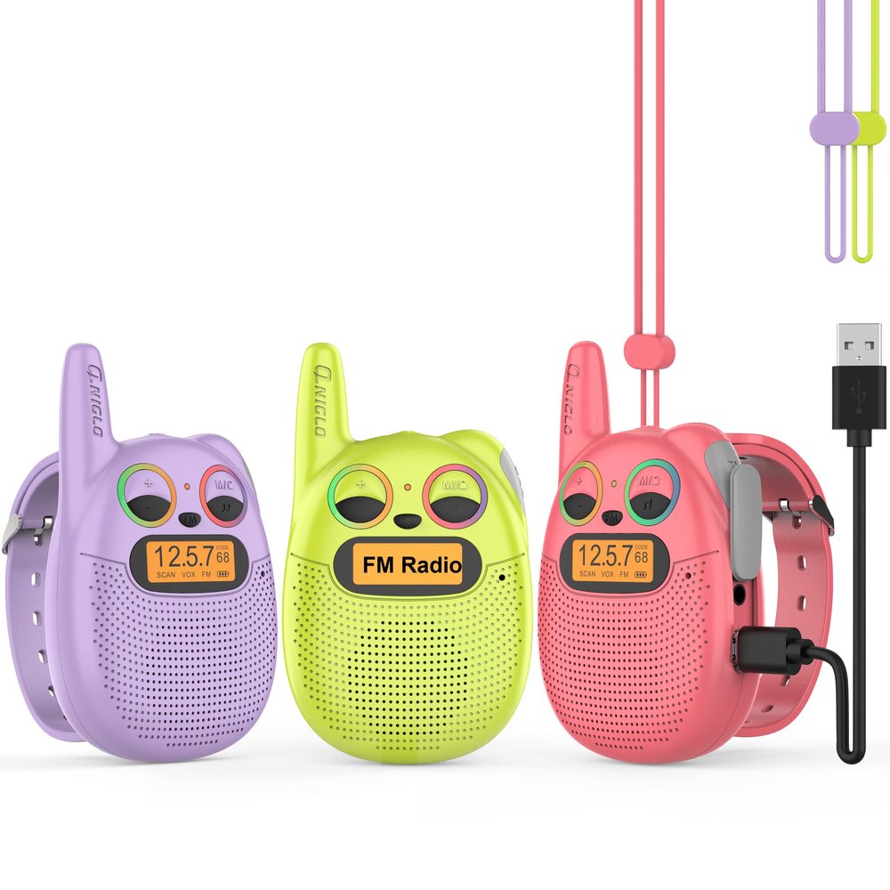 Qniglo Walkie Talkies for Kids Rechargeable 3 Pack, Christmas Birthday Gifts for Girls Age 3-12, Kid Walkie Talkie with FM Radio, Outdoor Camping Games, Spy Toys for 4 6 7 8 9 Year Old Boys Toddler