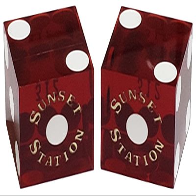 19mm Craps Dice Pair Matching Serial Numbers - Authentic Las Vegas Casino Table-Played Dice (Sunset Station (Dark Red Polished))