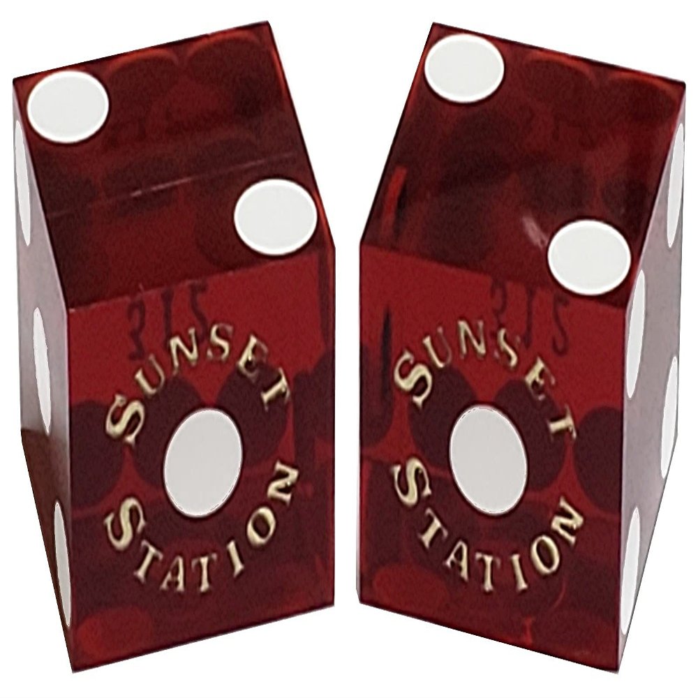 19mm Craps Dice Pair Matching Serial Numbers - Authentic Las Vegas Casino Table-Played Dice (Sunset Station (Dark Red Polished))
