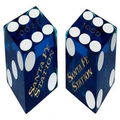 19mm Craps Dice Pair Matching Serial Numbers - Authentic Las Vegas Casino Table-Played Dice (Santa Fe Station (Blue Polished))