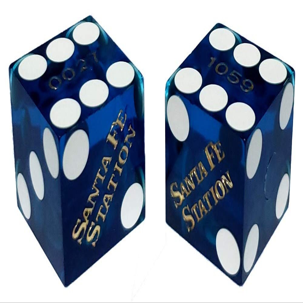 19mm Craps Dice Pair Matching Serial Numbers - Authentic Las Vegas Casino Table-Played Dice (Santa Fe Station (Blue Polished))