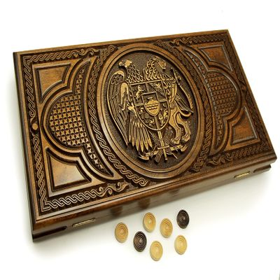 Backgammon set handmade Wooden backgammon board Armenian carved Coat of Arm ornament backgammon wood Handmade backgammon table game board game