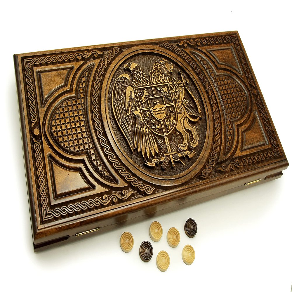Backgammon set handmade Wooden backgammon board Armenian carved Coat of Arm ornament backgammon wood Handmade backgammon table game board game