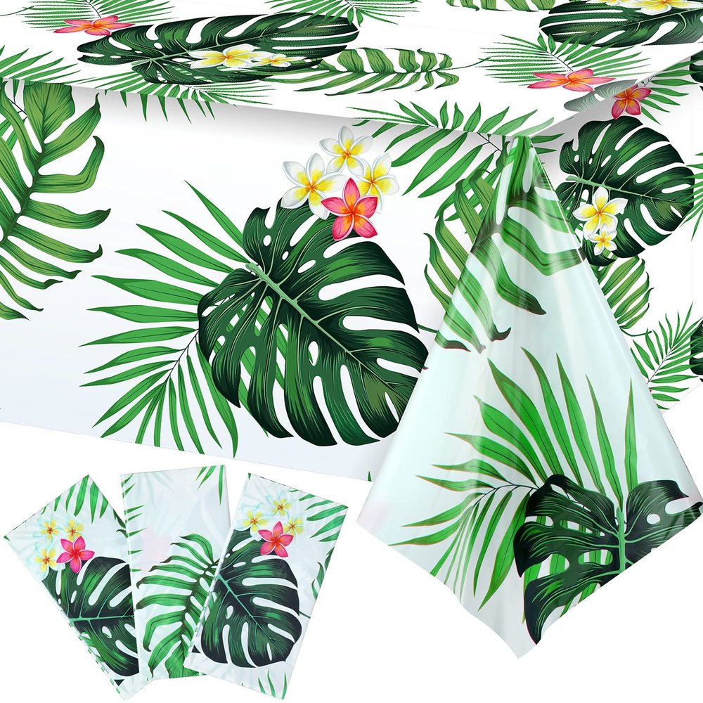 Tatuo 3 Pieces Hawaiian Luau Party Tablecloth Palm Leaves Table Cloth 54 x 108 Inches Plastic Disposable Table Decorations for Summer Pool Beach Cocktail Aloha Safari Jungle Party Supplies