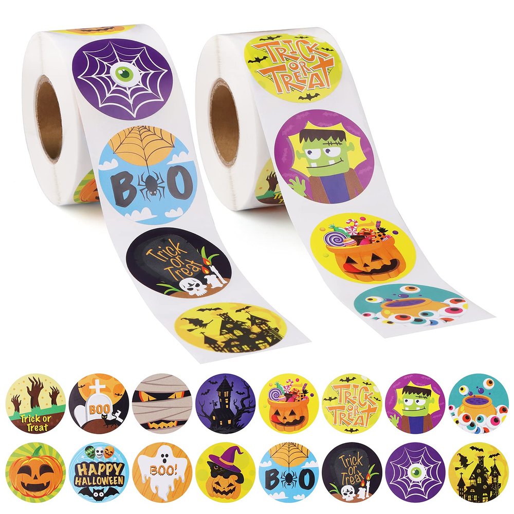 1000 Pcs Halloween Roll Stickers for Kids Teens, Lorvain Pumpkin Bats Spiders Witch Web Ghost Favor Roll Kids Stickers Decals for Halloween Praty Decorations, Holiday Stickers