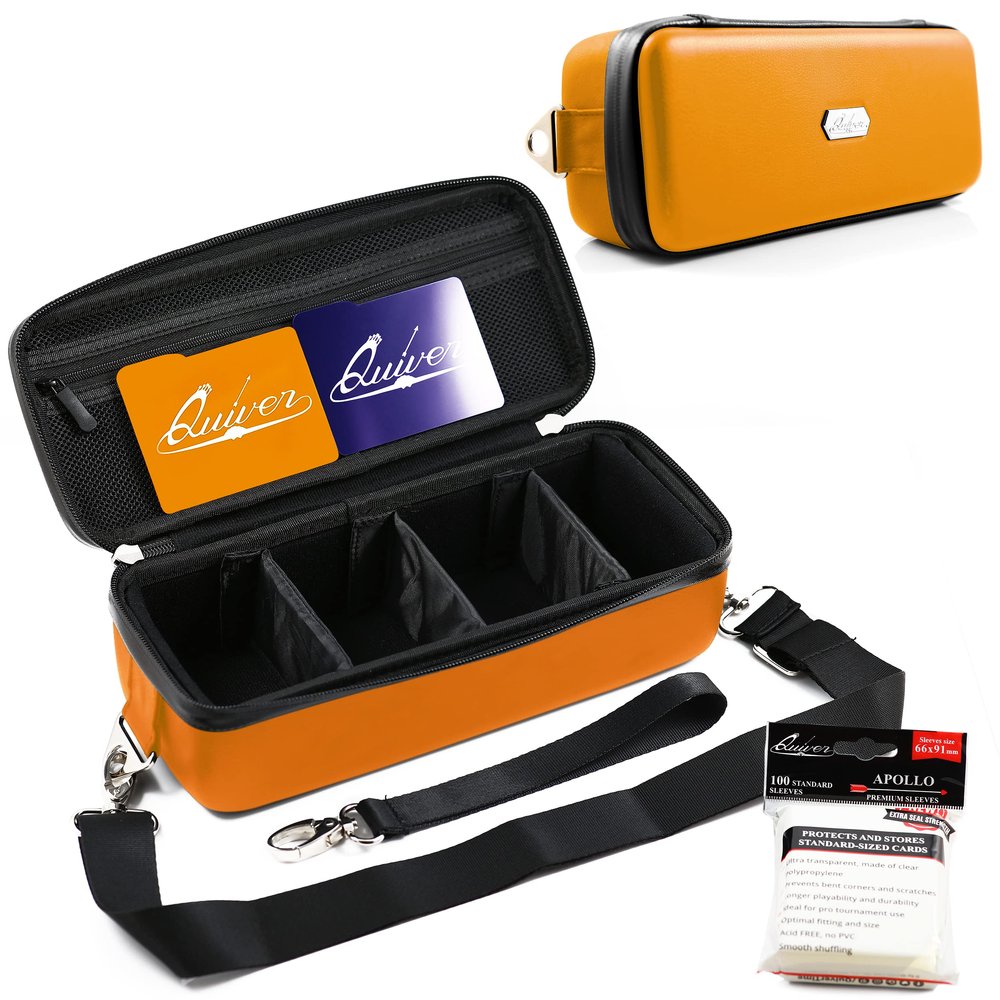 Quiver Time Orange Bolt Card Carrying Case fits Pokemon Cards and other TCG Games - Storage Bag for Playing/Trading Cards and Deck Box (Straps, Dividers & 100 Apollo Card Sleeves)