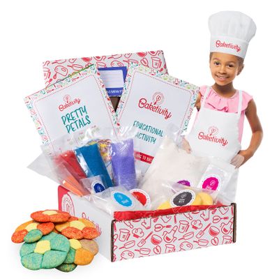 Baketivity Kids Baking Set, Meal Cooking Party Supply Kit for Teens, Real Fun Little Junior Chef Essential Kitchen Lessons, Includes Pre-Measured Ingredients (Kit +Hat & Apron, Pretty Petals)