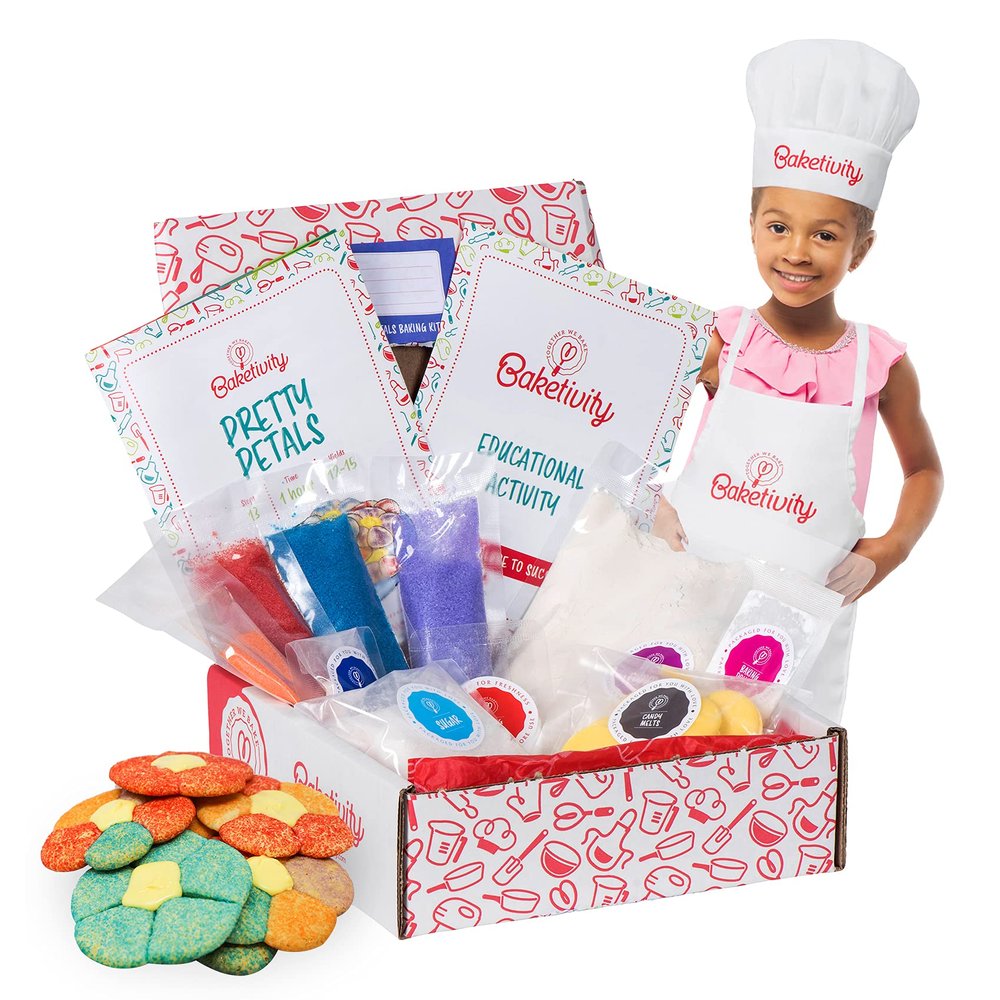 Baketivity Kids Baking Set, Meal Cooking Party Supply Kit for Teens, Real Fun Little Junior Chef Essential Kitchen Lessons, Includes Pre-Measured Ingredients (Kit +Hat & Apron, Pretty Petals)