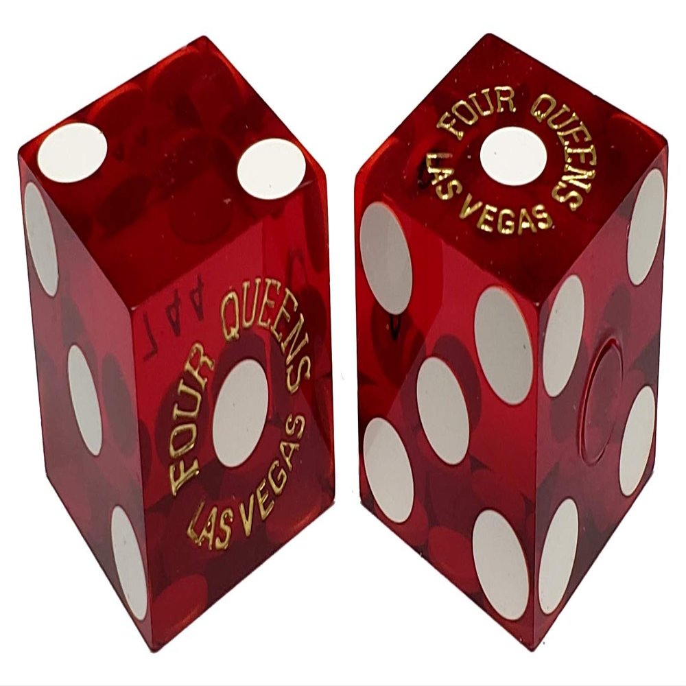 19mm Craps Dice Pair Matching Serial Numbers - Authentic Las Vegas Casino Table-Played Dice (Four Queens (Red Polished))