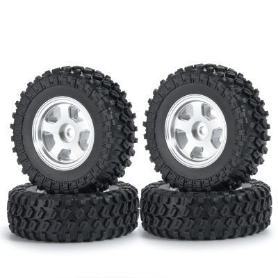 4Pcs 1.0 inch Beadlock Wheels Rims Hubs with Rubber Tires for Axial 1/24 SCX24 90081 RC Crawler Car(Silver)