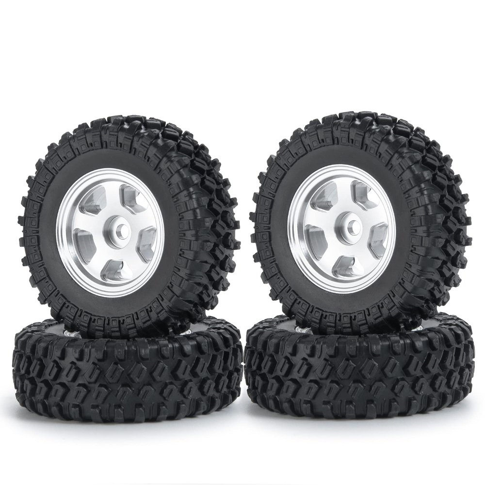 4Pcs 1.0 inch Beadlock Wheels Rims Hubs with Rubber Tires for Axial 1/24 SCX24 90081 RC Crawler Car(Silver)