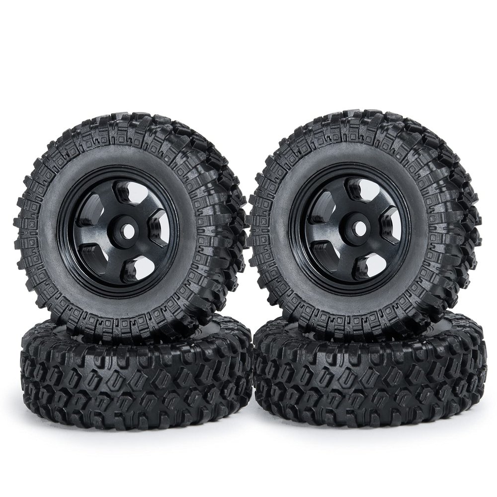 4Pcs 1.0 inch Beadlock Wheels Rims Hubs with Rubber Tires for Axial 1/24 SCX24 90081 RC Crawler Car(Black)