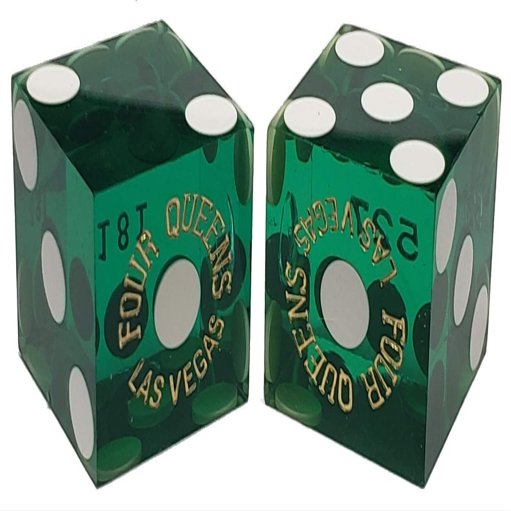 19mm Craps Dice Pair Matching Serial Numbers - Authentic Las Vegas Casino Table-Played Dice (Four Queens (Green Polished))