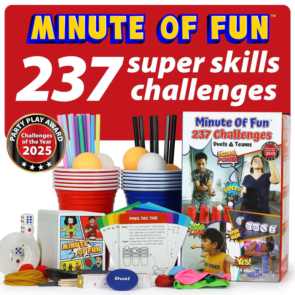 Funwares Original 237 Minute of Fun Games - Minute to Win It Family Party & Travel for Kids & Adults, 2-12 Players! Ready to Play Right Out of The Box!