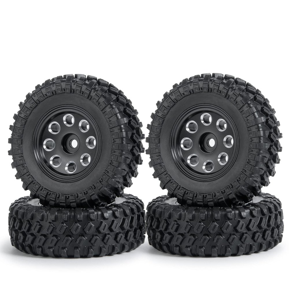 4Pcs 1.0" Micro Beadlock Wheels with Rubber Tires for Axial 1/24 SCX24 90081 RC Crawler Car (Black)