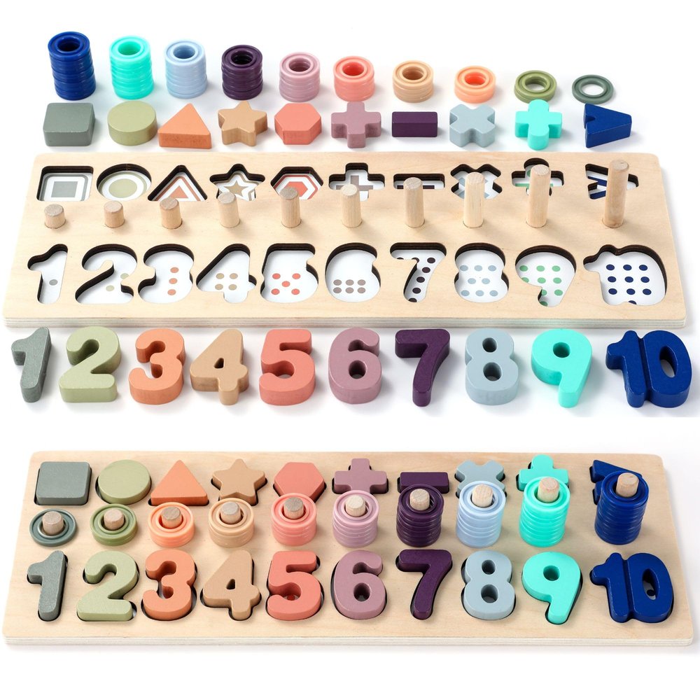 BEKILOLE Wooden Montessori Toys for Kids Toddler Number Puzzles Sorter Counting Shape Stacker Stacking Game Preschool Toys for Boy Girl Learning Education Math Blocks Year Old Girl Gifts (Macron)