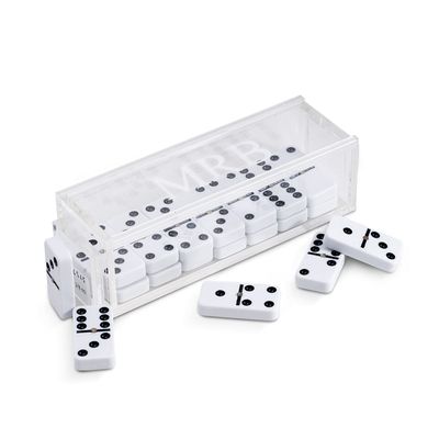 Bey-Berk Personalized Danny Acrylic Domino Set, 28-Piece White Dominoes in Clear Lucite Case with Sliding Lid, Custom Laser Engraving on Top