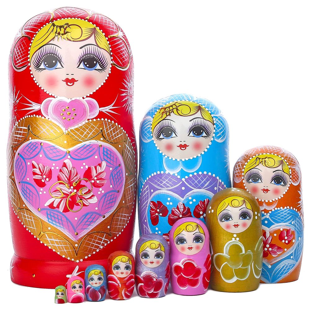 JoyNest Russian Nesting Dolls 10pcs Matryoshka Wood Stacking Nested Set Heart Shape Girl Handmade Toys for Children Kids Christmas Birthday Halloween Wishing Gift