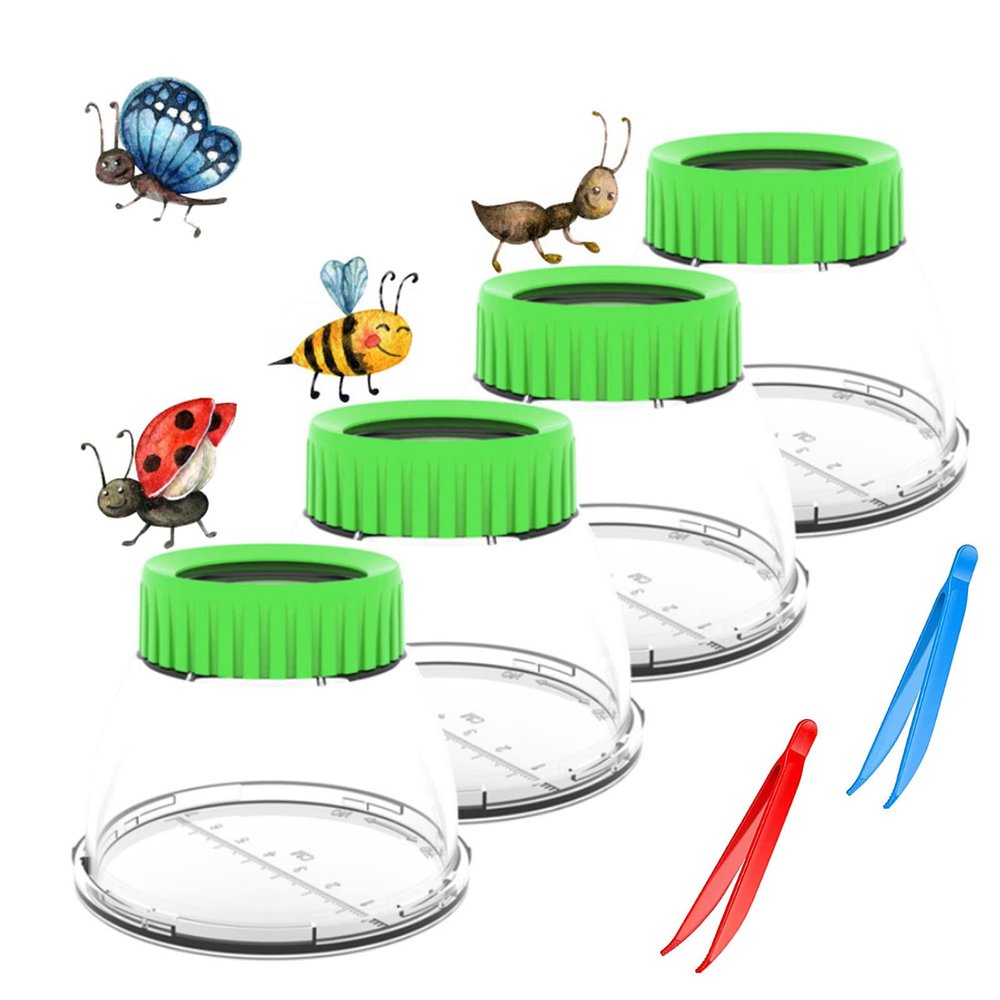 Bug Viewer with 5X Magnifier, Bug Jars for Kids Built-in 7cm Ruler with 2 Slant Tweezers, Bug Jars Catcher Cage for Kids Science Nature Exploration (4Pack Green)