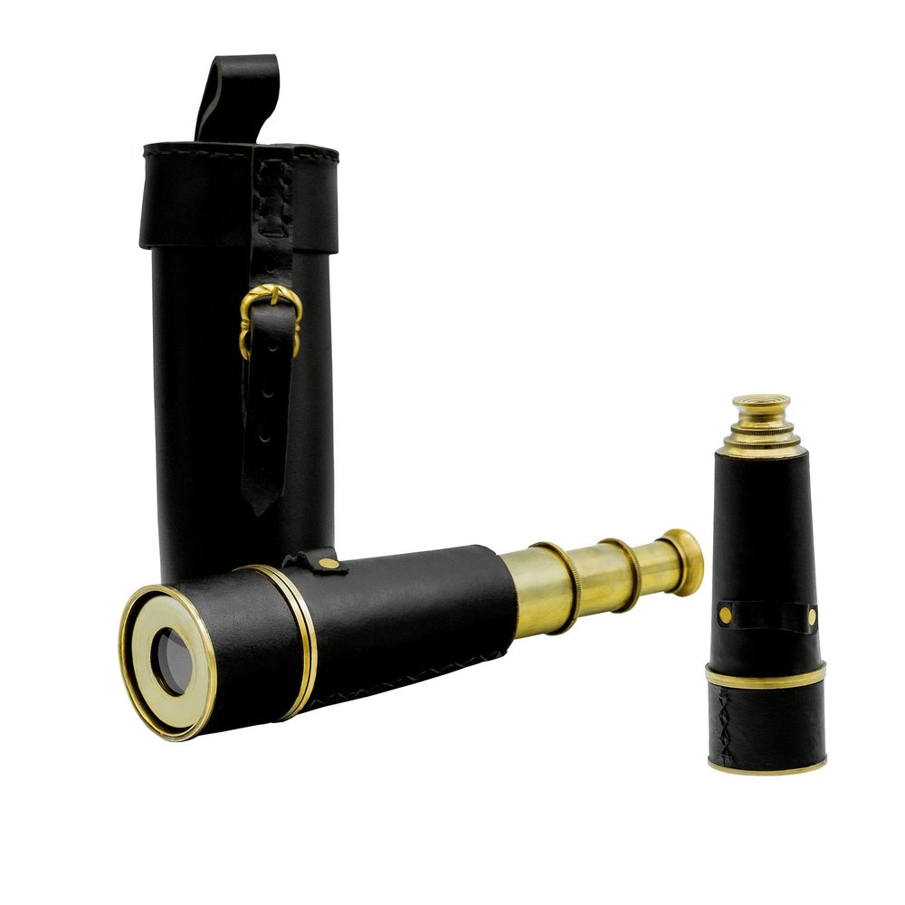 Lord of Battles 10x Magnification Pirate Spyglass Extendable Brass Telescope with Leather Holder & Brass Buckle | LARP Cosplay