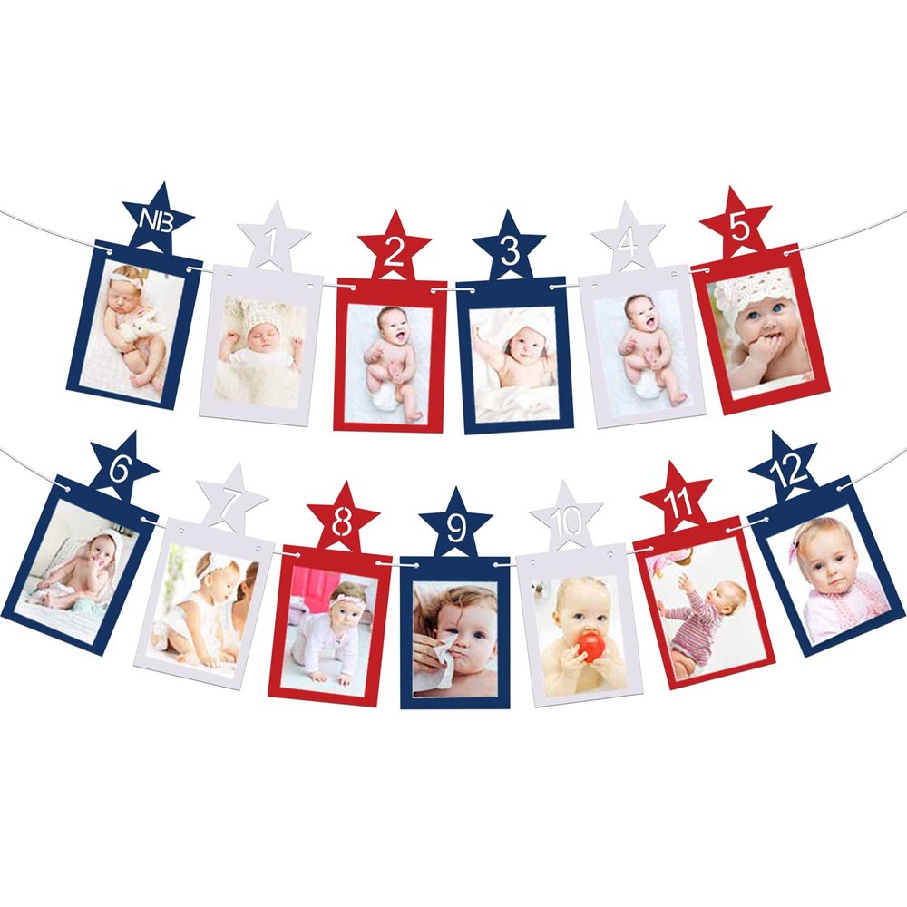 4th of July 12 Month Photo Banner 1st Birthday Party Decoration Newborn Milestone First Year Red White Blue Star Photo Prop