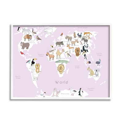 Stupell Industries Kid's Map of The World with Animals Light Pink