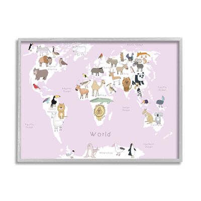 Stupell Industries Kid's Map of The World with Animals Light Pink