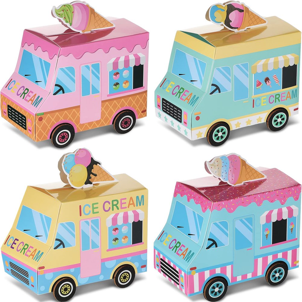 Outus 16 Pieces Ice Cream Party Favors Ice Cream Truck Shape Treat Boxes Summer Goodie Candy Boxes Sprinkles Themed Baby Shower Kids Birthday Party Centerpieces Table Decor Supplies