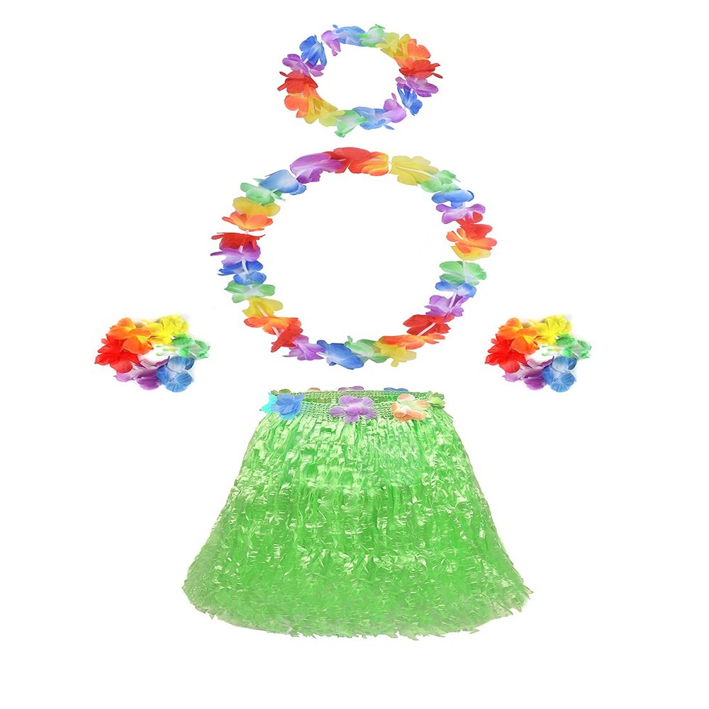 5pcs Hawaiian Hula Grass Skirt for Girls with Flower Costume Set for Luau Party Kids Dancing Accessory kit Green