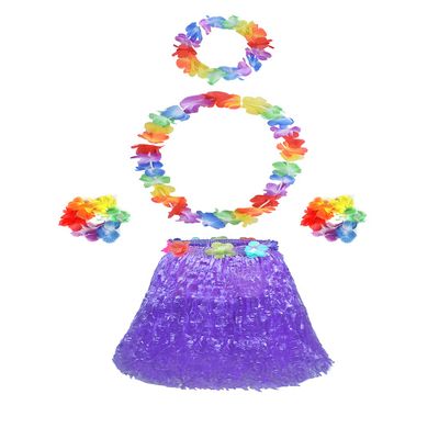 5pcs Hawaiian Hula Grass Skirt for Girls with Flower Costume Set for Luau Party Kids Dancing Accessory kit Purple