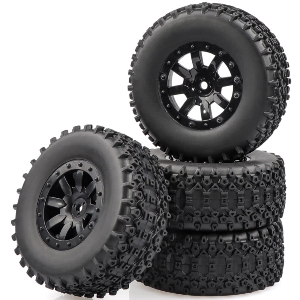 Aimrock 1/10 Pre-Mounted 12mm Hex Short Course SC Trucks Wheels and Tires Combo, Out Dia. 4.3'' for Slash Losi Tenacity Blackout SC Exceed RC Buggy Car, Set of 4