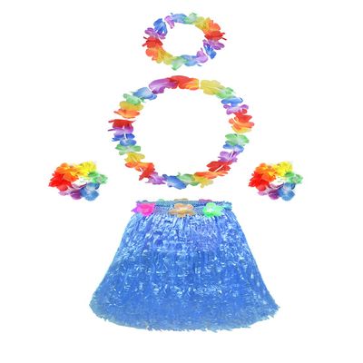 5pcs Hawaiian Hula Grass Skirt for Girls with Flower Costume Set for Luau Party Kids Dancing Accessory kit Blue