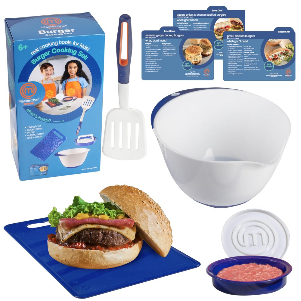 Masterchef Junior Kid's Burger Cooking Set- 9 Pc Kit Includes Real Cookware for Children- Bowl, Cutting Board, Spatula, Sandwich Recipes, and Hamburger Press- Non-Slip Silicone Grips