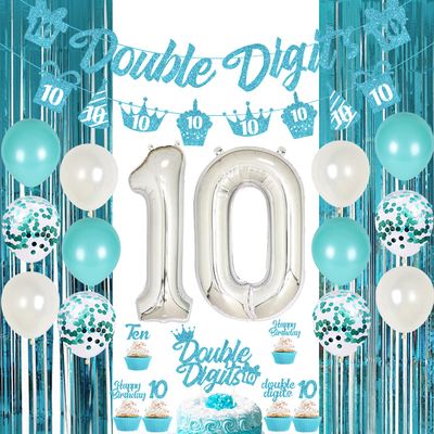 10th Birthday Decorations for Girls Teal Blue Double Digits Party Supplies Turquoise Banner Cake & Cupcake Topper Tenth Birthday Garland Number 10 Foil Balloon for 10 Year Old Party Decorations