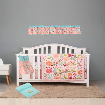 100% Cotton 6 PCs Pink Floral Nursery Crib Bedding Set Flower Pattern Quilt, Fitted Sheet, Skirt, Blanket, Diaper Storage Bag, Window Valance Cot Bedding Set for Girls