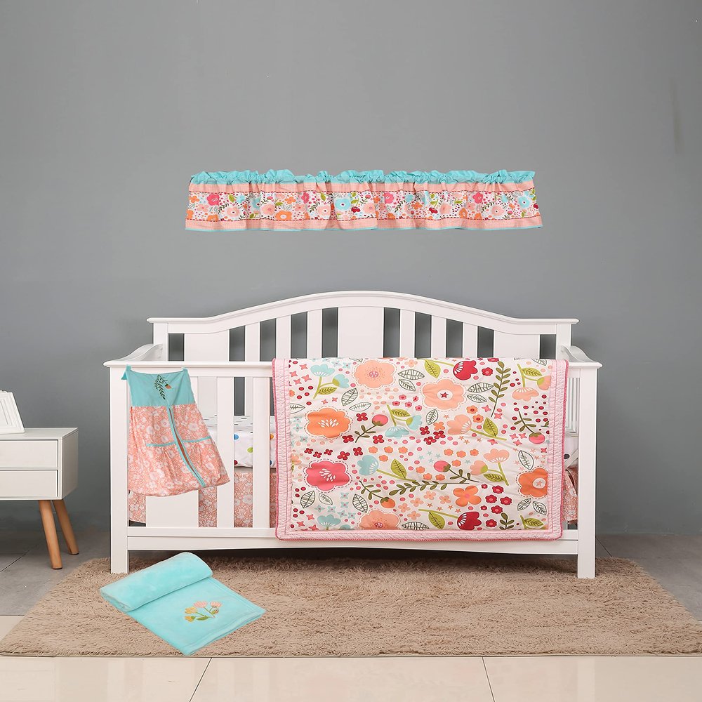 100% Cotton 6 PCs Pink Floral Nursery Crib Bedding Set Flower Pattern Quilt, Fitted Sheet, Skirt, Blanket, Diaper Storage Bag, Window Valance Cot Bedding Set for Girls