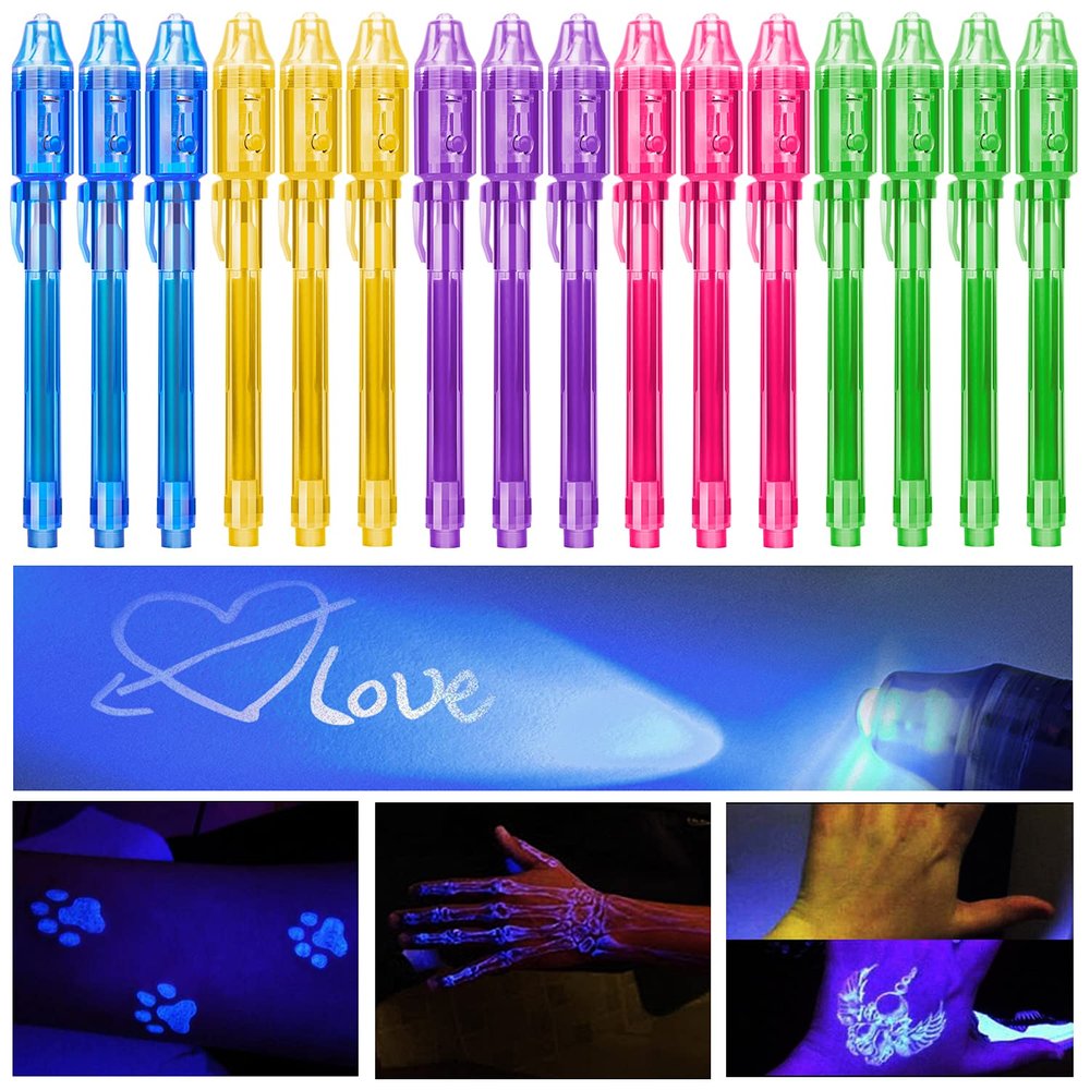 Invisible Ink Pen for kids 16Pcs: Spy Pens with UV Light Party Favors - School Classroom Students Prizes - Magic Gifts Birthday Goodie Valentines Black Markers Halloween Easter Day Christmas Gift