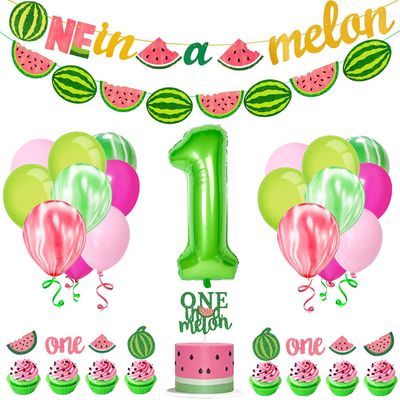 33 PCS Watermelon Party Decorations - Baby Boy Girl 1st Birthday One In A Melon Party Supplies For Kids Include Watermelon Birthday Theme Balloon Paper Banner Cake Topper